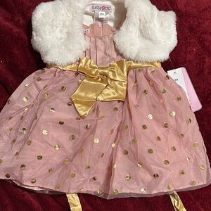 Pink and Gold Polka Dot Dress with Faux Fur Vest
